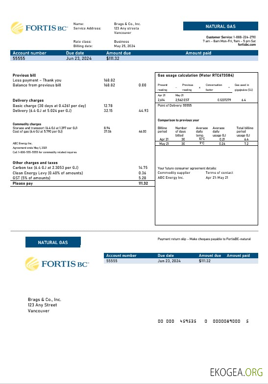Canada Colombie Britannique Modèle de facture de services publics pour entreprise FortisBC (2)